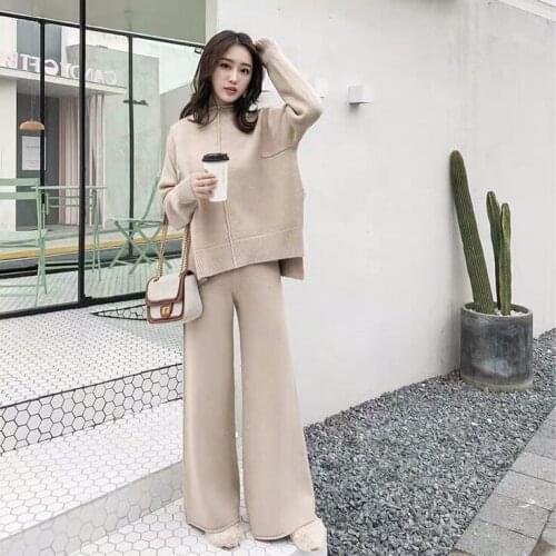 The Drape Knitting Wide Legged Pants Suit Two Piece Women New Winter Cashmere Sweater Wide Legged Pants Western Style Suits