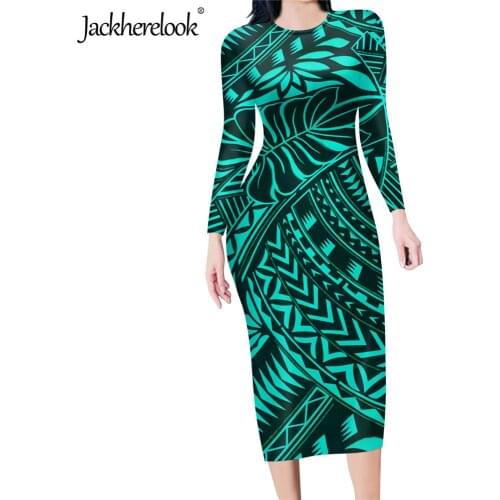 Jackherelook Samoa Polynesian Tattoo Print Womens Autumn Long Sleeve Slim Dress Work Office Ladies Party Bodycon Pencil Dresses