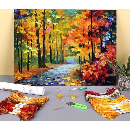 Oil Painting Style Red Fall Printed Fabric 11CT Cross-Stitch DIY Embroidery Complete Kit DMC Threads Hobby Package