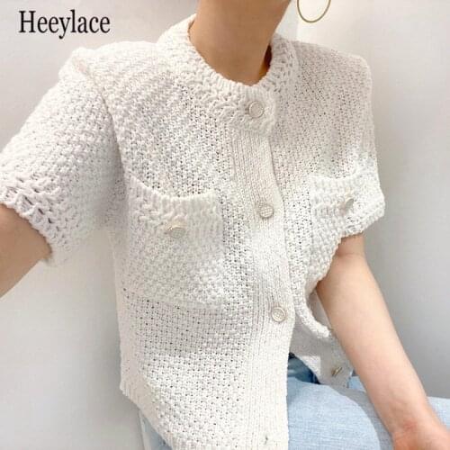 Korean Causal Women Knitwear Short Sleeve Sweater Single Breasted O-neck Knitted Coat 2021 Summer New Fashion Cardigan Jacket