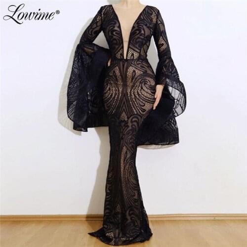 Lace Black Formal Evening Dress Puffy Sleeves Mermaid Party Gowns 2020 Saudi Arabic Prom Dresses Robe De Soiree Custom Made