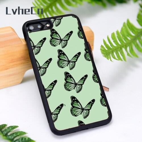 LvheCn Silicone Rubber Phone Case Cover for iPhone 6 6S 7 8 Plus X XS XR 11 12 Mini Pro Max Green Butterflies
