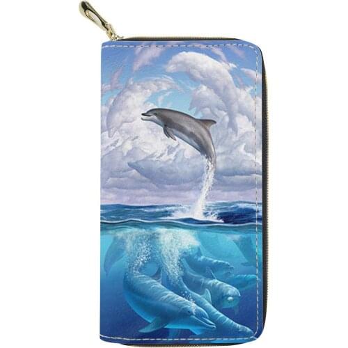Cute Womens Wallets PU Leather Zipper Long Coin Purses for Ladies Card Holder Travel Wallet Female Dolphin Print Clutch Bag