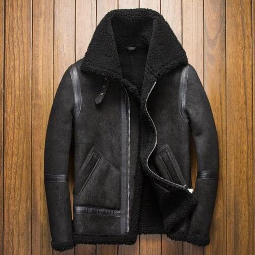 Pro Real Sheepskin Fur Coat Genuine Sheep Shearling Jacket Male Winter Flight Jacket Black Men Fur Overcoat Extra Big Size 4XL