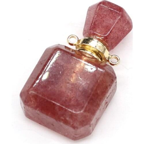 Natural Stone Perfume Bottle Pendants Strawberry Crystal Essential Oil Diffuser Pendant For Jewelry Making Necklace Accessory