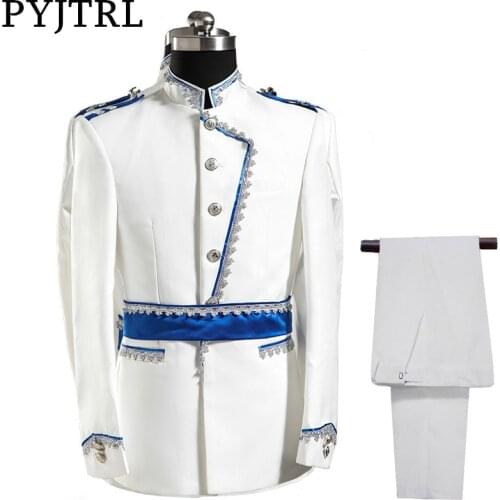 PYJTRL Europe Army Style Stand Collar White Blue Wedding For Men DJ Stage Singer Men Suits With Pants Costume Homme Slim Fit