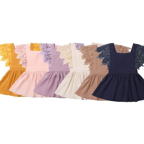 Hot Sale Newborn Toddler Kids Baby Girl Summer Dress Lace Petal Sleeveless Backless Belt Sundress Cotton Linen Dress 0-3Years