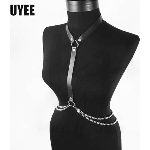 UYEE Sexy PU Leather Women Harness Body Chain Chest Lingerie Belt Pastel Goth Suspender Neck Waist Bondage Underwear Garter Belt