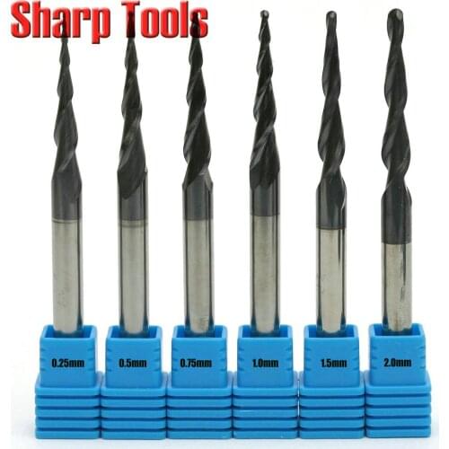 5pcs R1.0*30.5*75L*6D 2 Flutes Ball Nose Tapered End Mills for Good Relief, Imported Tungsten Steel, HRC55, ALTIN Coated