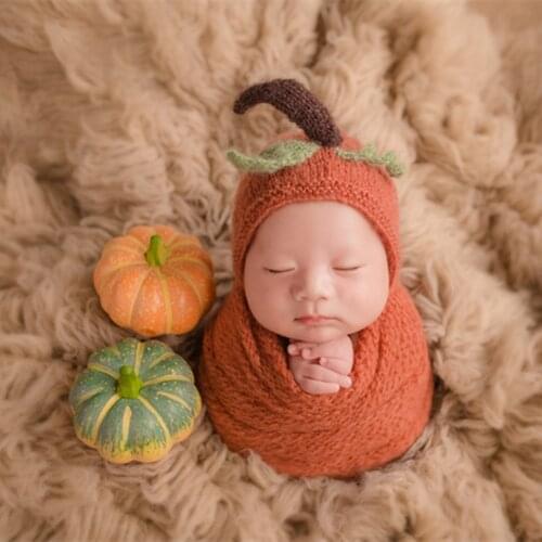 Cute Baby Pumpkin Hat and wrap Set Knitted Newborn Hat Photography Props Baby Boy Cap Pattern Infant Bonnet Baby Swaddle Wrap