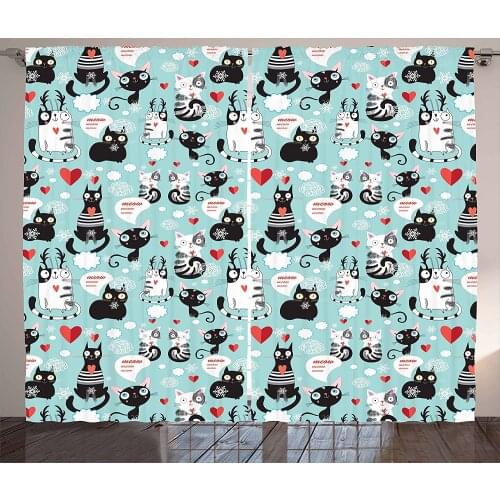 Bedroom Curtains Cartoon Cat Black White Cat Kitchen Curtains Living Room Decoration Items Window Curtains for Living Room