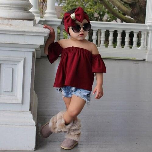 Off the shoulder tops + Jeans shorts + Headband set / Christmas wine color