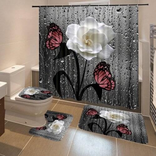 3D Butterfly Flower Scenery Waterproof Shower Curtain Bathroom Landscape Trees Flower Bath Mat Set Pedestal Rug Lid Toilet Cover
