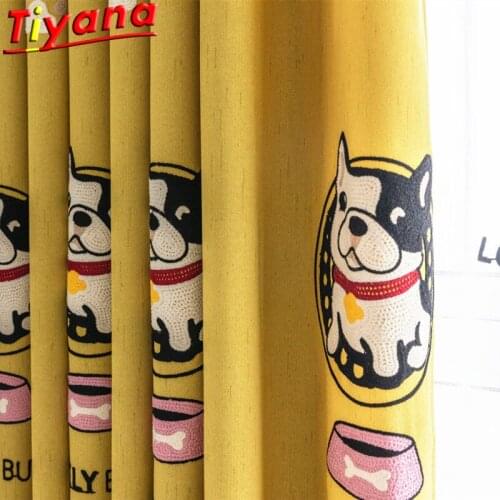 Cartoon Puppy Printed Curtain for Living Room Dog Paw Pattern Yellow Curtain Tulle for Kids Room Childrens Cuty Panel HM153#30