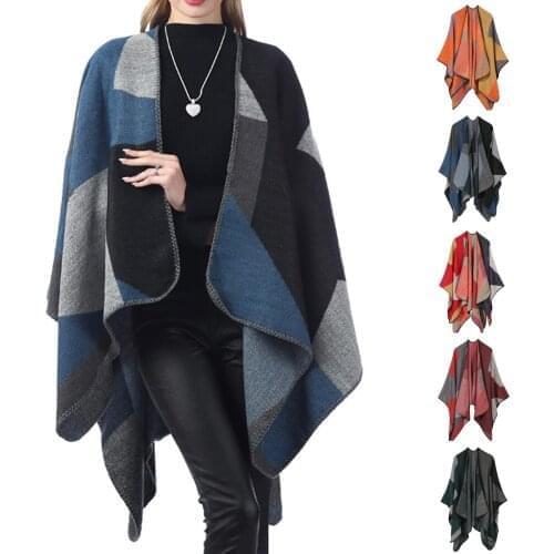 Pull Femme 2021 Autumn Winter Women Knitted Sweater Poncho Sexy Plaid V Neck Irregular Hem Casual Loose Pullover Jumper