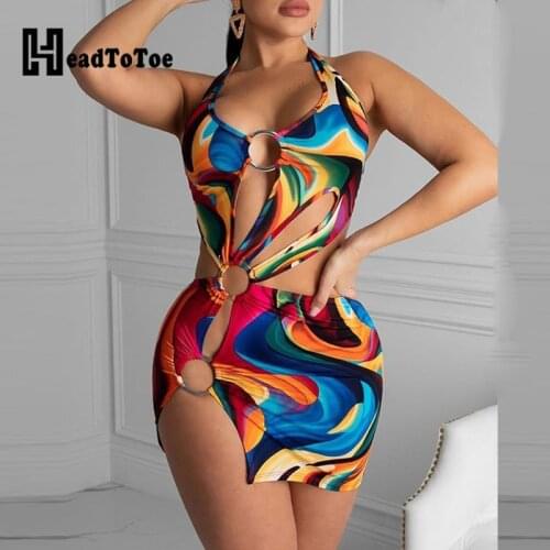 Colorful Print Slit Cut Out Dress Women Sexy Hallow Out Halter Mini Bodycon Dress Summer Beach Dress