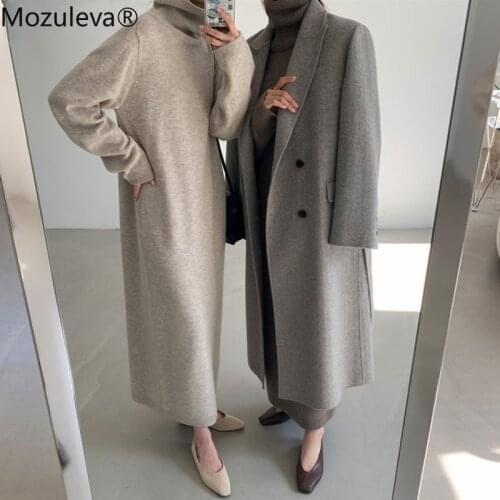 Mozuleva Casual Thicken Warm Women Knitted Dress Full Sleeve Loose Turtleneck Female Sweater Dresses 2021 Autumn Winter Vestidos