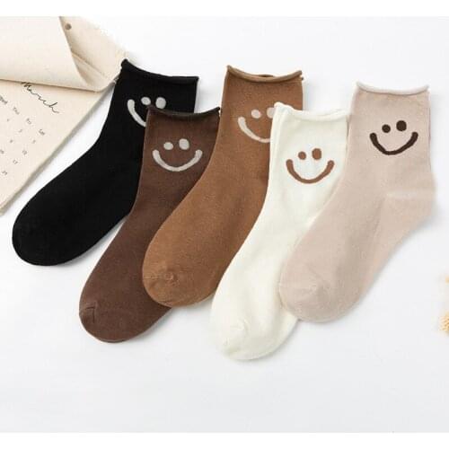1 Pairs Cute Cartoon Smiling Face Cotton Socks Women Four Seasons Trend All-Match Japanese Cute Korean Black Net Red Tube Socks