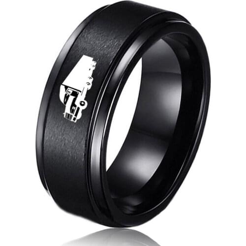 Free Engraving 8MM Black Tungsten Wedding Band Mens Tractor Trailer Truck Career Rings for Car Lovers
