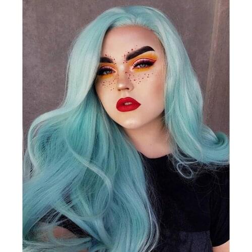 Long Body Wave Lace Front Wig with Natural Hairline High Temperature Color Synthetic Wig Pink Mint Green Dark Blue Neon Green