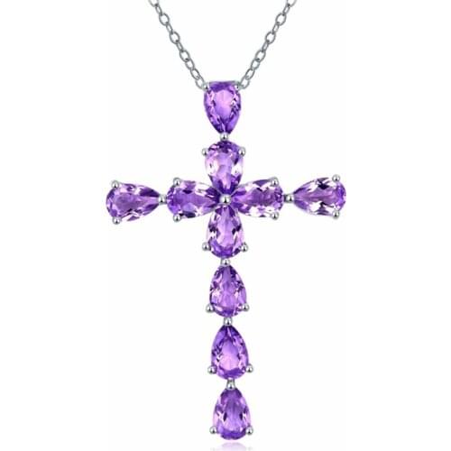 FYJS Unique Silver Plated Natural Amethysts Crystal Cross Pendant Link Chain Necklace Amulet Jewelry