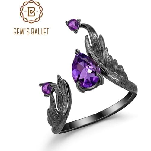 GEMS BALLET 1.43Ct Natural Amethyst Gemstone Open Rings 925 Sterling Silver Handmade Adjustable Angels Wing Ring for Women