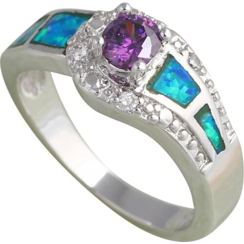 Delicate shining Blue Zircon design Purple fire Opal Silver Stamped Rings fashion jewelry USA size #6.5 #6.75 #7.75 #8.75 OR534A