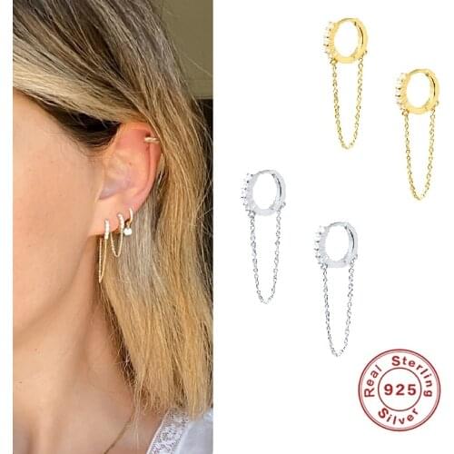 Korean Fashion Hip Hop Chain Earrings 925 Sterling Silver Chain Threader Drop Cuff Chain Piercing Earrings Unisex Jewelry