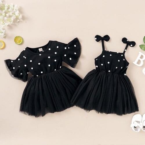 Cuty Girls Dresses Black Polka-dot Kids Shoulder-straps Tutu Chiffon One-Piece Skirt Costume Clothing 1 2 3 4 5 6 years