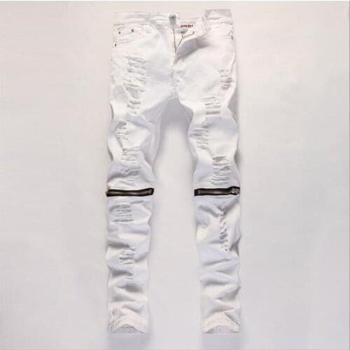 Mens White Skinny Jeans Male Cargo Pants Elastic Fashion Hip Hop Harem Pants Man Brand Denim Ripped Trousers Kanye West Clothing