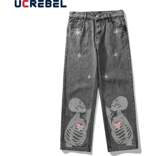 Skeleton Rhinestone Denim Pants Mens High Street Jeans Streetwear Casual Loose Straight-leg Trousers Men