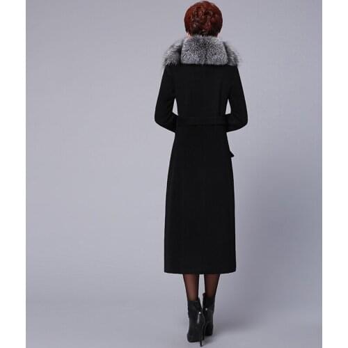 Autumn Winter Super Warm Women Wool Coat Natural Large Fox Fur Collar Cashmere Long Slim Overcoat manteau femme LX2082