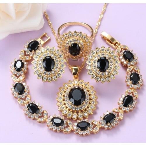 African High Quality Gold-Color Sunflower Jewelry Set For Women Black Zircon Necklace And Clip Earrings Charm Bracelet Sets