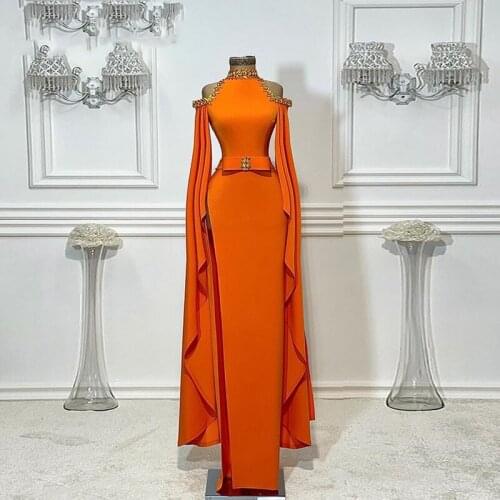 Orange High Neck Gold Beaded Evening Gowns Sexy Off The Shoulder High Split Open Sleeves Prom Dresses Floor Lengt Robe De Soiree