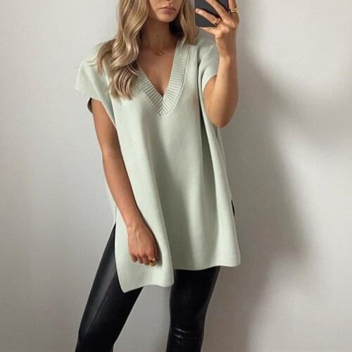 PUWD Casual Woman Oversized Side Slit Knitted Vest 2020 Fashion Ladies Autumn Loose Sleeveless Sweater Female Chic V Neck Tops