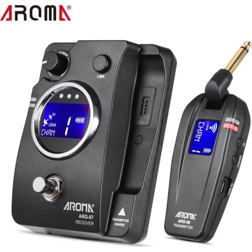 AROMA ARG-07 Guitar Wireless Transmission System Transmisster Receiver 6.35mm Plug LCD Display 4 Channels Max. 35m Range