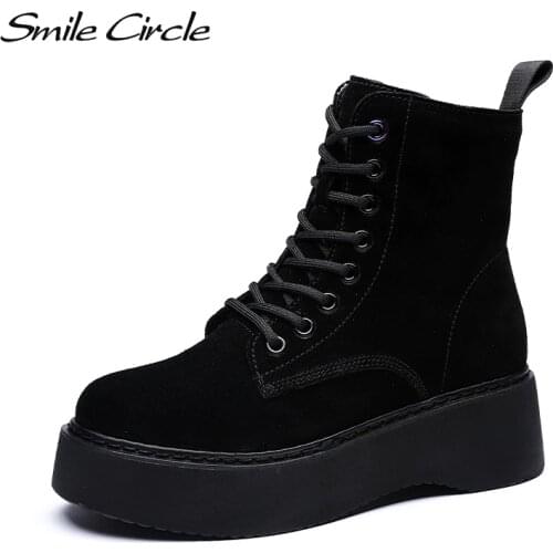 Women Boots Natural suede leather Ankle Boots flat Platform Boots Fashion zipper Thick bottom Black Ladies Shoes
