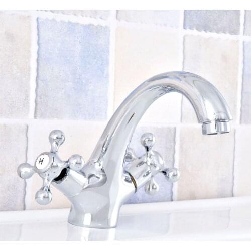 Silver Polished Chrome Brass Dual Cross Handles Bathroom Vessel Sink Basin Faucet Mixer Taps asf633