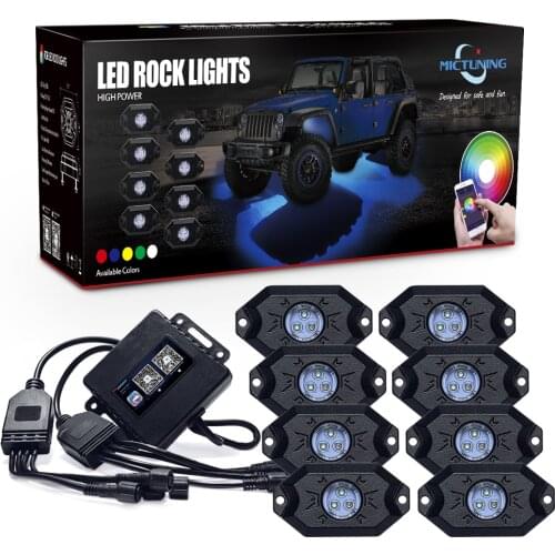 MICTUNING CM 8 Pods RGB LED Rock Lights Bluetooth Control Multicolor Neon LED Light Kit For J-eep Truck Car ATV SUV Vehicle Boat