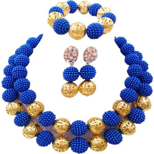 Swell royal blue costume necklace african jewelry set simulated pearl nigerian wedding set 46JQ-02