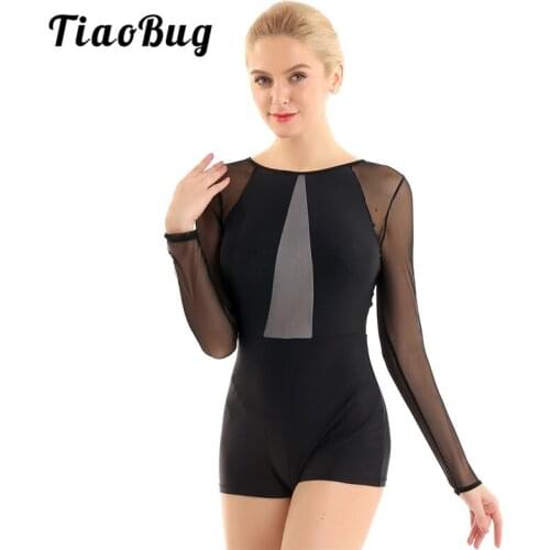 TiaoBug Fashion Mesh Long Sleeves Round Neck Ballet Gymnastics Leotard Women Sports Gym Unitards Biketard Workout Dance Wear