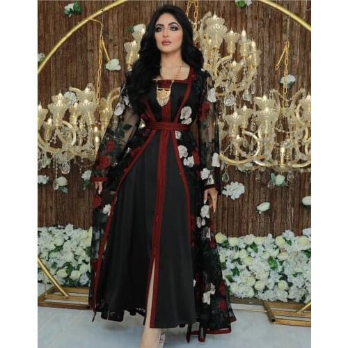Turkey Dubai Arabic Muslim women Dress Satin Abaya embroidery lace floral dresses sets 2 pieces Islamic Pakistan Moroccan Kaftan