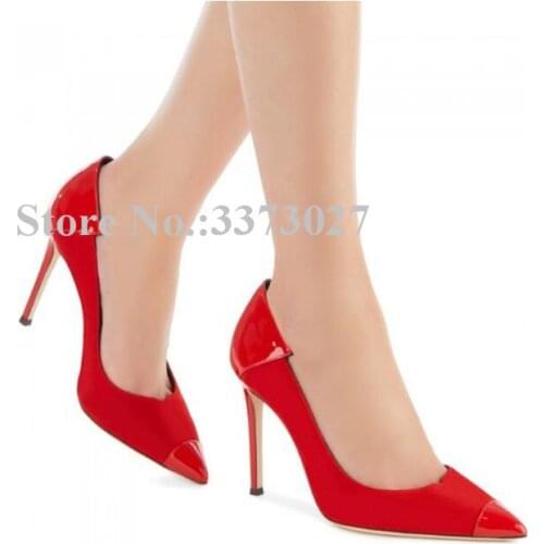 Suede Patent Leather Red Color High Heels Shoes Women Sexy Pointed Toe Stiletto Heel Single Shoes Slip-on Wedding Dress Pumps
