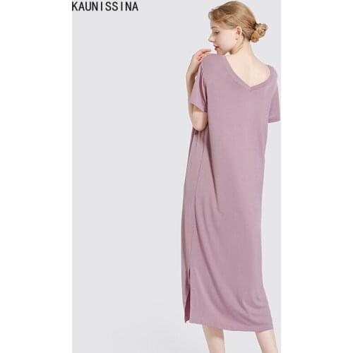 Women Nightgown Casual V-Neck Short Sleeve Long Loose Modal Elastic Sleepwear Dress Homewear Nighty Clothes Plus Size Nightwear