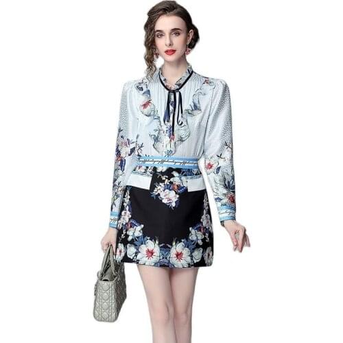 Runway Fashion Autumn Lady Suit Long Sleeve Ruffles Floral Print Blouse and Skirt 2 Piece Women Set Office Party Vintage Outfit