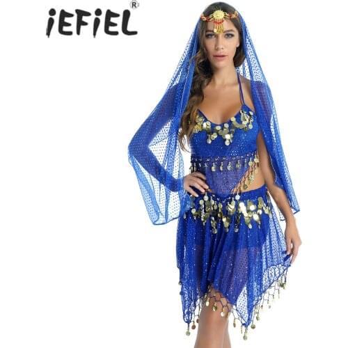Women Sparkling Sequin Tassels Outfits Belly Dance Performance Costume Halter Lace-up Bra Top Mesh Mini Skirt with Veil Headwear