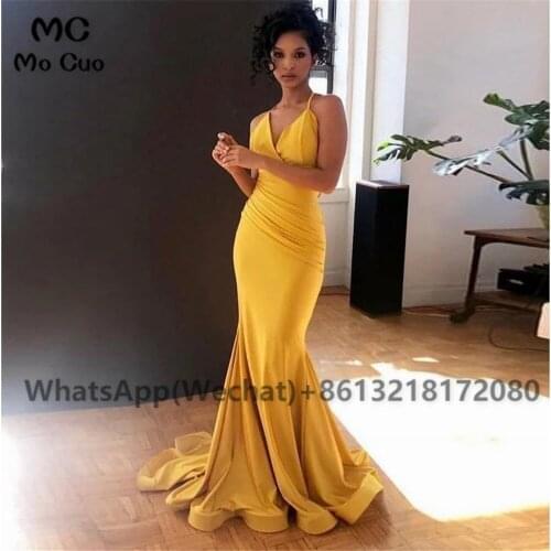Fashion 2021 Yellow Mermaid Evening Prom Dresses Spaghetti Straps Elastic Satin Womens Evening Prom Dress Customized