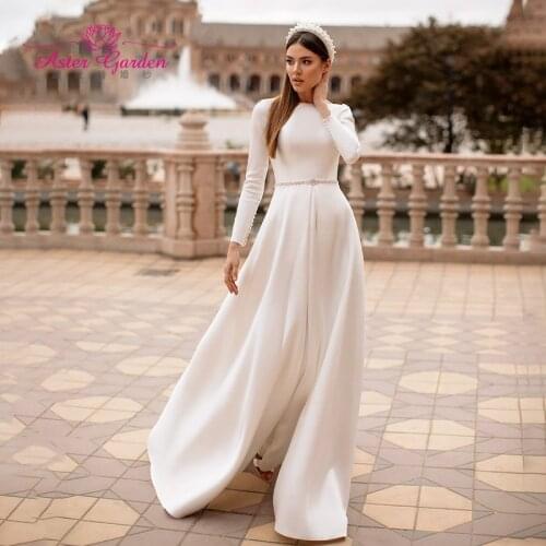 Aster garden Long Sleeve Wedding Dress 2021 Elegant Satin Backless Scoop Princess A-Line Bride Dresses Vintage Vestido De Novia