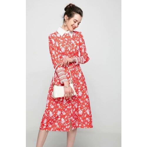 2021 spring and summer new womens floral mid-length lapel dress red print single-breasted long-sleeved dress
