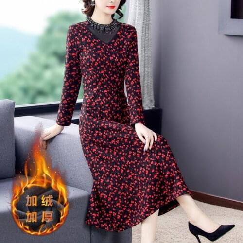 Winter Knitting Plush Padded 5XL Plus Size Warm Dress Autumn Elegant Women Bodycon Vestido 2021 Vintage Casual Print Maxi Dress